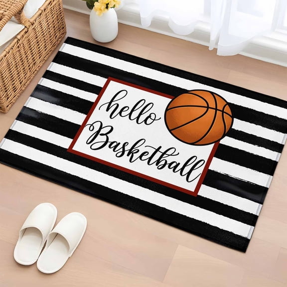Rectangle Rug 2x3ft Area Rug, Hello Basketball Words Area Rugs for Living Room Bedroom, Black White Striped Floor Mat Non-Slip Non-Shedding Carpet Indoor Accent Rugs