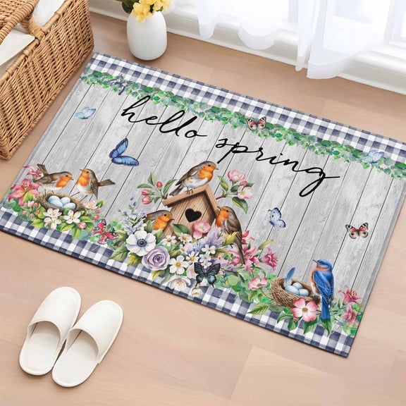 Rectangle Rug 2x3ft Area Rug,Hello Spring Quote Floral Bird Area Rugs for Living Room Bedroom,Country Butterfly Retro Plank Floor Mat Non-Slip Non-Shedding Carpet Indoor Accent Rugs