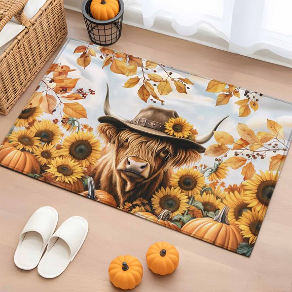 Rectangle Rug 2x3ft Area Rug, Highland Cow Cowboy Hat Thanksgiving Pumpkin Area Rugs for Living Room Bedroom, Fall Sunflower Leaves Floor Mat Non-Slip Non-Shedding Carpet Indoor Accent Rugs