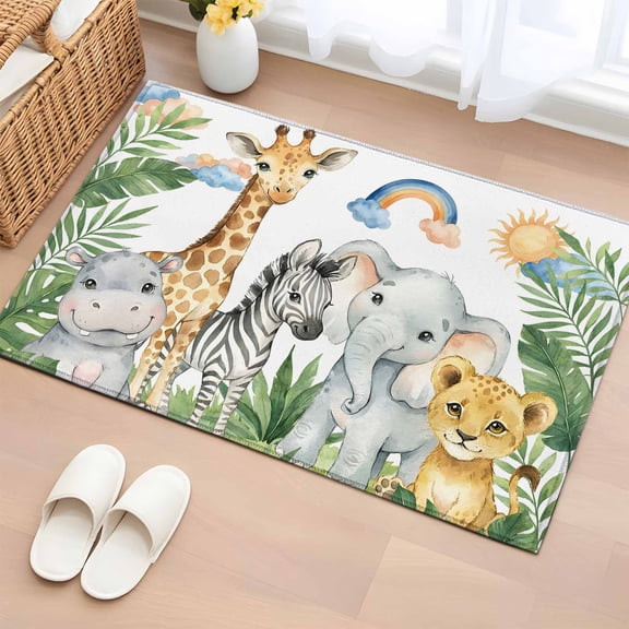 Rectangle Rug 2x3ft Area Rug,Hippopotamus Giraffe Zebra Elephant Tiger Area Rugs for Living Room Bedroom,Animal Green Leaf Floor Mat Non-Slip Non-Shedding Carpet Indoor Accent Rugs