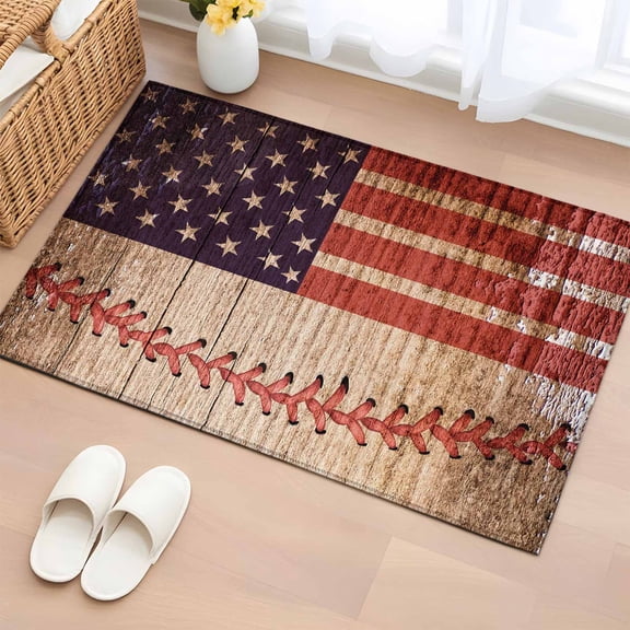 Rectangle Rug 2x3ft Area Rug, Independence Day American Flag Area Rugs for Living Room Bedroom, Baseball Sport Retro Wood Grain Floor Mat Non-Slip Non-Shedding Carpet Indoor Accent Rugs