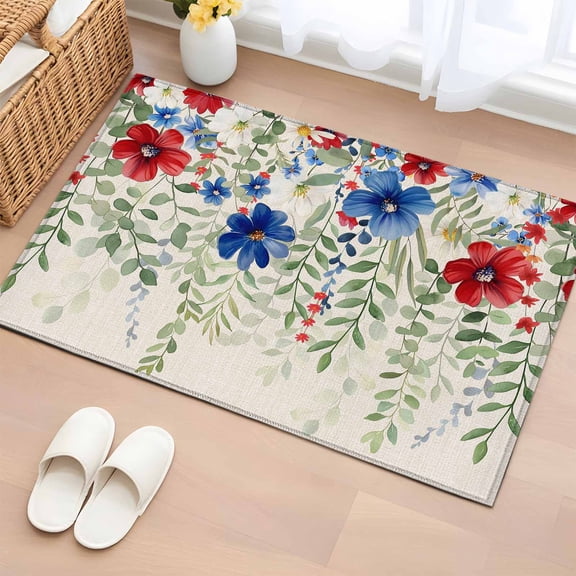 Rectangle Rug 2x3ft Area Rug, Independence Day Red Blue Flower Area Rugs for Living Room Bedroom, Green Leaf Retro Linen Floor Mat Non-Slip Non-Shedding Carpet Indoor Accent Rugs