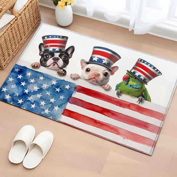 Rectangle Rug 2x3ft Area Rug, Independence Day USA Flag Area Rugs for Living Room Bedroom, Patriotic Bulldog Parrot Floor Mat Non-Shedding Non-Slip Carpet Indoor Accent Rugs