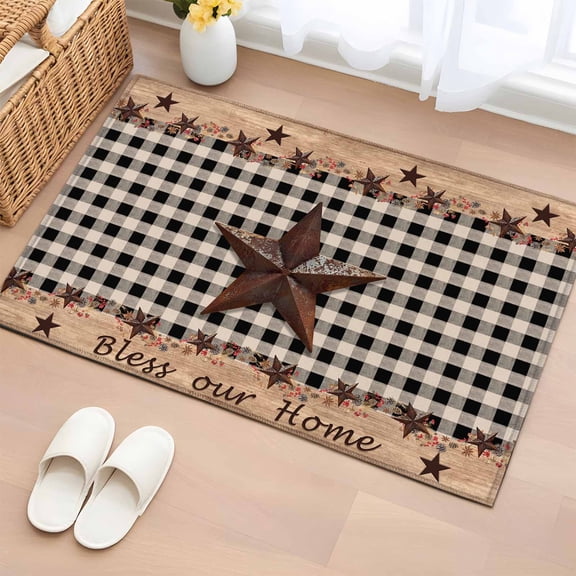 Rectangle Rug 2x3ft Area Rug,Independence Day Western Star on Wood Area Rugs for Living Room Bedroom,Black Plaid Floor Mat Non-Slip Non-Shedding Carpet Indoor Accent Rugs