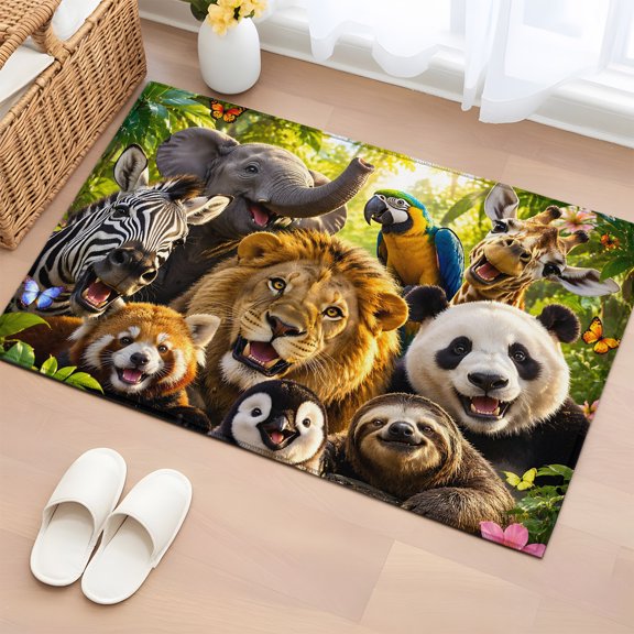 Rectangle Rug 2x3ft Area Rug, Jungle Animals Elephant Lion Pattern Area Rugs for Living Room Bedroom, Zebra Panda Sloth Floor Mat Non-Slip Non-Shedding Carpet Indoor Accent Rugs