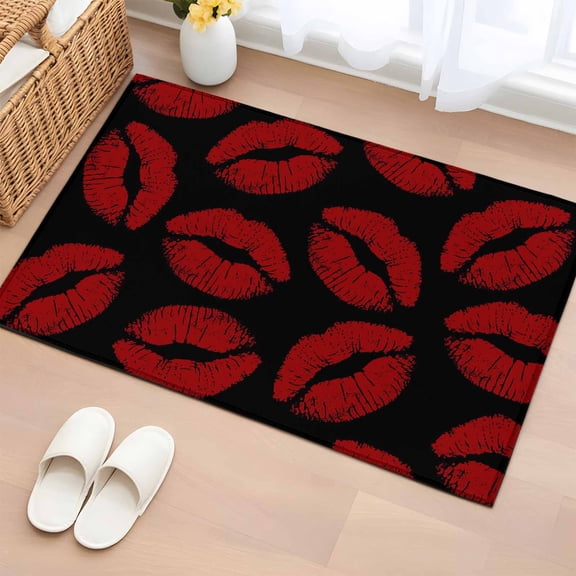 Rectangle Rug 2x3ft Area Rug,Lipprint Kisses Red and Black Area Rugs for Living Room Bedroom,Valentine's Day Lips Texture Floor Mat Non-Slip Non-Shedding Carpet Indoor Accent Rugs