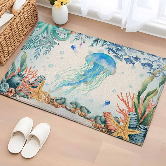 Rectangle Rug 2x3ft Area Rug,Marine Life Jellyfish Starfish Coral Area Rugs for Living Room Bedroom,Ocean Theme on Linen Floor Mat Non-Slip Non-Shedding Carpet Indoor Accent Rugs