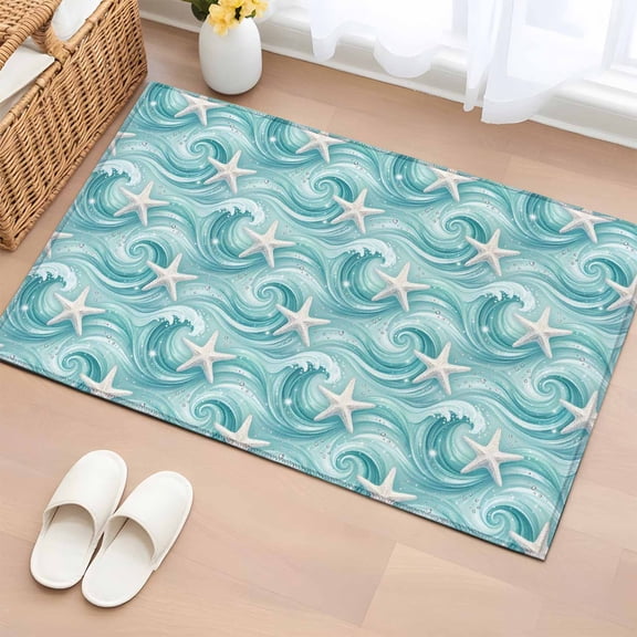 Rectangle Rug 2x3ft Area Rug, Marine Starfish Water Ripple Area Rugs for Living Room Bedroom, Teal Ocean Seamless Stars Floor Mat Non-Shedding Non-Slip Carpet Indoor Accent Rugs