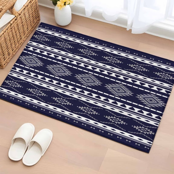 Rectangle Rug 2x3ft Area Rug,Medieval Aztec Geometric Navy Blue Area Rugs for Living Room Bedroom,Abstract Tribal Pattern Floor Mat Non-Slip Non-Shedding Carpet Indoor Accent Rugs