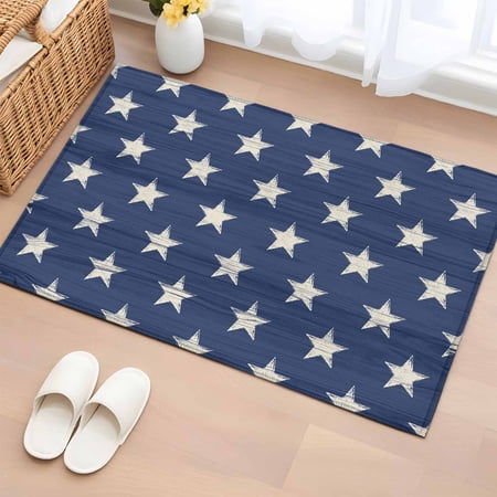 Rectangle Rug 2x3ft Area Rug,Memorial Day Patriotic Star White Blue Area Rugs for Living Room Bedroom,Retro Rustic Wood Plank Floor Mat Non-Slip Non-Shedding Carpet Indoor Accent Rugs