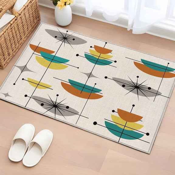 Rectangle Rug 2x3ft Area Rug,Mid Century Orange Abstract Geometric Area Rugs for Living Room Bedroom,Teal Color Block Retro Linen Floor Mat Non-Slip Non-Shedding Carpet Indoor Accent Rugs