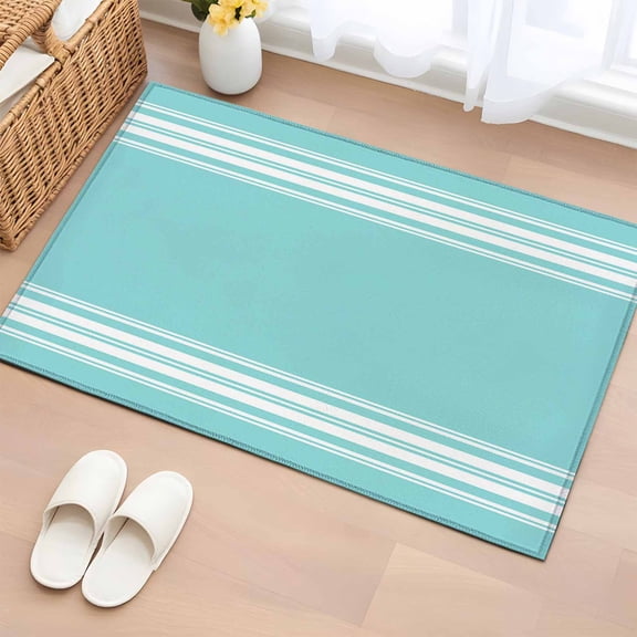 Rectangle Rug 2x3ft Area Rug, Minimalist Line Art Area Rugs for Living Room Bedroom, White Stripe on Light Teal Blue Floor Mat Non-Slip Non-Shedding Carpet Indoor Accent Rugs