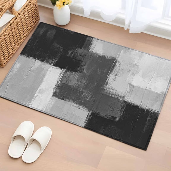 Rectangle Rug 2x3ft Area Rug, Modern Black Gray Color Block Area Rugs for Living Room Bedroom, Abstract Oil Painting Texture Floor Mat Non-Shedding Non-Slip Carpet Indoor Accent Rugs