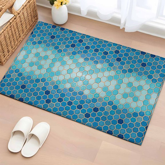 Rectangle Rug 2x3ft Area Rug, Modern Geometric Hexagon Area Rugs for Living Room Bedroom, Blue Teal Ombre Honeycomb Grid Floor Mat Non-Slip Non-Shedding Carpet Indoor Accent Rugs