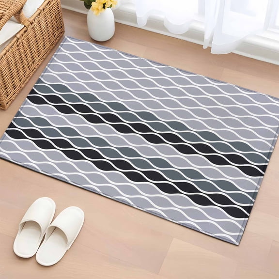 Rectangle Rug 2x3ft Area Rug, Moroccan Texture White Wave Stripe Area Rugs for Living Room Bedroom, Black Dusty Purple Floor Mat Non-Slip Non-Shedding Carpet Indoor Accent Rugs