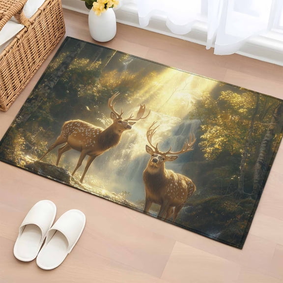 Rectangle Rug 2x3ft Area Rug, Natural Forest Farm Deer Sunlight Area Rugs for Living Room Bedroom, Waterfall River Wild Scene Floor Mat Non-Slip Non-Shedding Carpet Indoor Accent Rugs