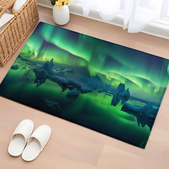 Rectangle Rug 2x3ft Area Rug, Natural Scene Polar Lights Area Rugs for Living Room Bedroom, Winter Iceland Aurorae Floor Mat Non-Slip Non-Shedding Carpet Indoor Accent Rugs