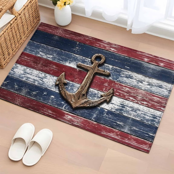 Rectangle Rug 2x3ft Area Rug, Nautical Anchor Dark Red Blue Wood Area Rugs for Living Room Bedroom, Farm Rustic Wooden Plank Floor Mat Non-Slip Non-Shedding Carpet Indoor Accent Rugs
