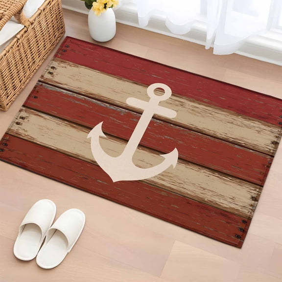 Rectangle Rug 2x3ft Area Rug,Nautical Anchor Vintage Plank Area Rugs for Living Room Bedroom,Red Brown Wood Board Floor Mat Non-Slip Non-Shedding Carpet Indoor Accent Rugs