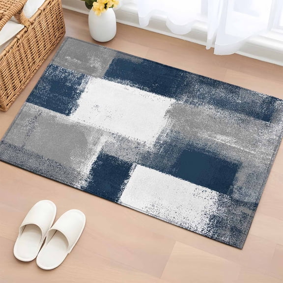 Rectangle Rug 2x3ft Area Rug,Navy Blue Color Block Oil Painting Area Rugs for Living Room Bedroom,Abstract Geometric Floor Mat Non-Slip Non-Shedding Carpet Indoor Accent Rugs
