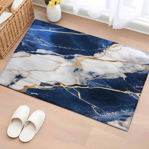 Rectangle Rug 2x3ft Area Rug,Navy Blue Grey Marble Area Rugs for Living Room Bedroom,Gold Foil Abstract Stripe Floor Mat Non-Slip Non-Shedding Carpet Indoor Accent Rugs