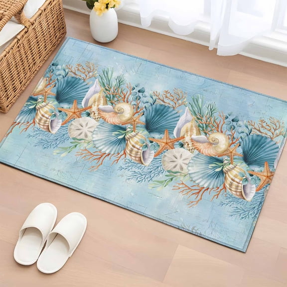 Rectangle Rug 2x3ft Area Rug, Ocean Conch Shell Starfish Area Rugs for Living Room Bedroom, Blue Nautical Theme Marine Life Floor Mat Non-Slip Non-Shedding Carpet Indoor Accent Rugs