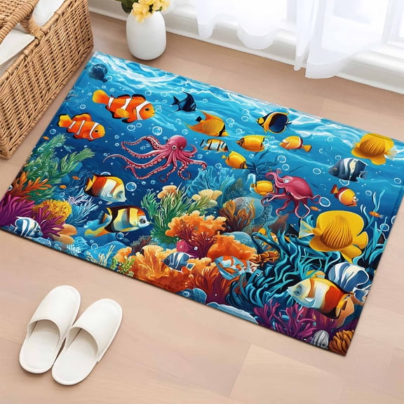 Rectangle Rug 2x3ft Area Rug,Ocean Fish Octopus Waterweed Area Rugs for Living Room Bedroom,Summer Nautical Coral Floor Mat Non-Slip Non-Shedding Carpet Indoor Accent Rugs