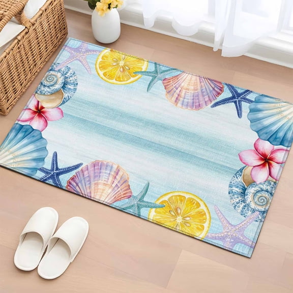 Rectangle Rug 2x3ft Area Rug, Ocean Life Starfish Shell Flower Lemon Area Rugs for Living Room Bedroom, Watercolor Marine Conch Floor Mat Non-Slip Non-Shedding Carpet Indoor Accent Rugs