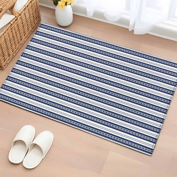 Rectangle Rug 2x3ft Area Rug,Ocean Navy Blue Stripe Area Rugs for Living Room Bedroom,White Polka Dot Floor Mat Non-Slip Non-Shedding Carpet Indoor Accent Rugs
