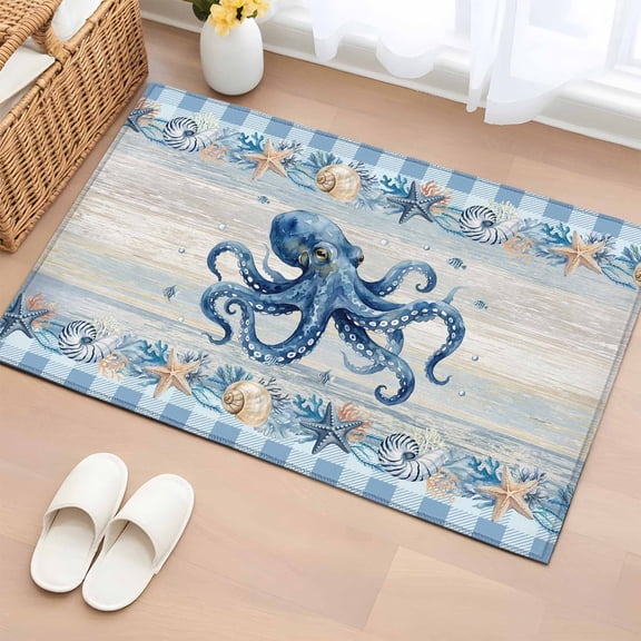 Rectangle Rug 2x3ft Area Rug, Ocean Octopus Starfish Conch Coral Area Rugs for Living Room Bedroom, Blue Plaid Floor Mat Non-Slip Non-Shedding Carpet Indoor Accent Rugs
