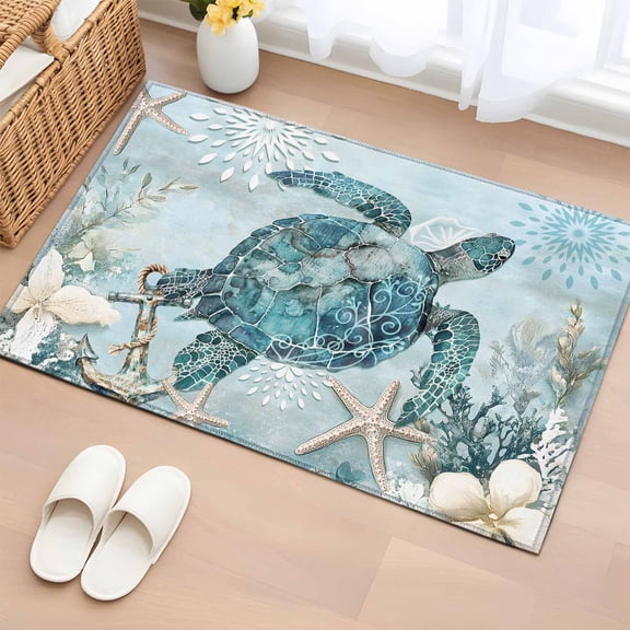 Rectangle Rug 2x3ft Area Rug, Ocean Ombre Teal Turtle Starfish Area Rugs for Living Room Bedroom, Summer Coastal Wildflower Floor Mat Non-Slip Non-Shedding Carpet Indoor Accent Rugs