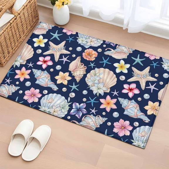 Rectangle Rug 2x3ft Area Rug,Ocean Starfish Shell Conch Pearl Area Rugs for Living Room Bedroom,Summer Flower Navy Blue Back Floor Mat Non-Slip Non-Shedding Carpet Indoor Accent Rugs