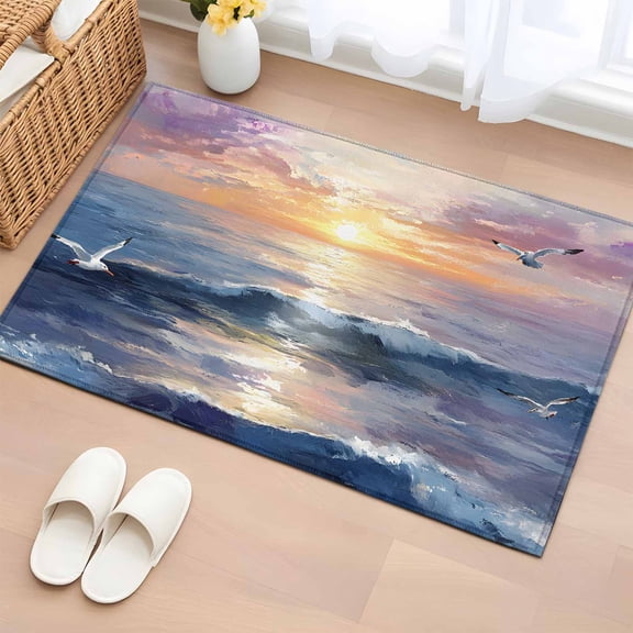 Rectangle Rug 2x3ft Area Rug,Ocean Sunset Scene Oil Painting Area Rugs for Living Room Bedroom,Marine Beach Seagull Floor Mat Non-Slip Non-Shedding Carpet Indoor Accent Rugs
