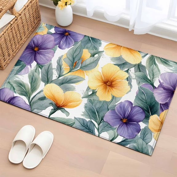 Rectangle Rug 2x3ft Area Rug,Pastoral Purple Yellow Flower Green Leaves Area Rugs for Living Room Bedroom,Spring Botanical Floor Mat Non-Slip Non-Shedding Carpet Indoor Accent Rugs