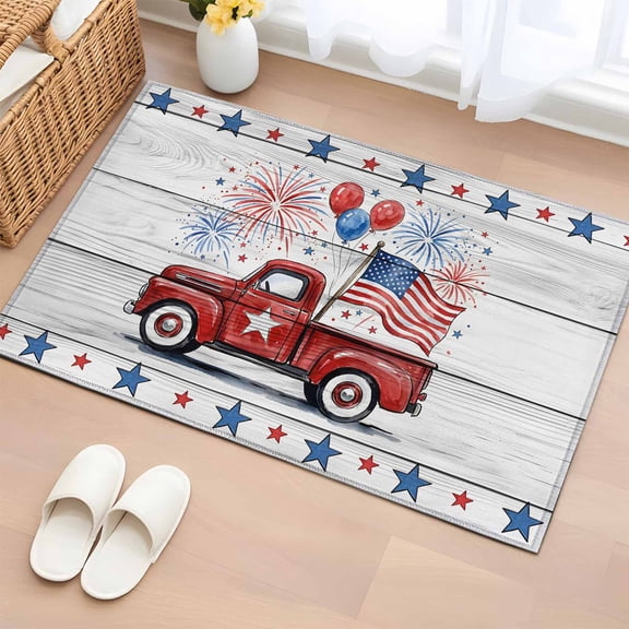 Rectangle Rug 2x3ft Area Rug, Patriotic Red Truck Area Rugs for Living Room Bedroom, USA Flag Red Blue Balloons Fireworks Floor Mat Non-Shedding Non-Slip Carpet Indoor Accent Rugs