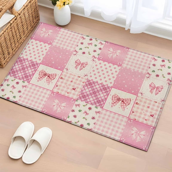 Rectangle Rug 2x3ft Area Rug,Pink Bow Buffalo Plaid Polka Dot Area Rugs for Living Room Bedroom,Retro Valentine's Day Theme Floor Mat Non-Slip Non-Shedding Carpet Indoor Accent Rugs