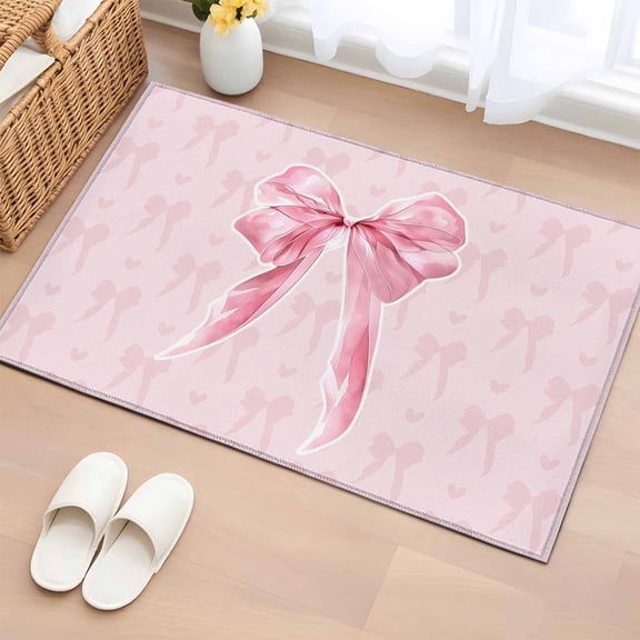 Rectangle Rug 2x3ft Area Rug, Pink Ribbon Bow Area Rugs for Living Room Bedroom, Bowknot Love Heart Back Floor Mat Non-Slip Non-Shedding Carpet Indoor Accent Rugs