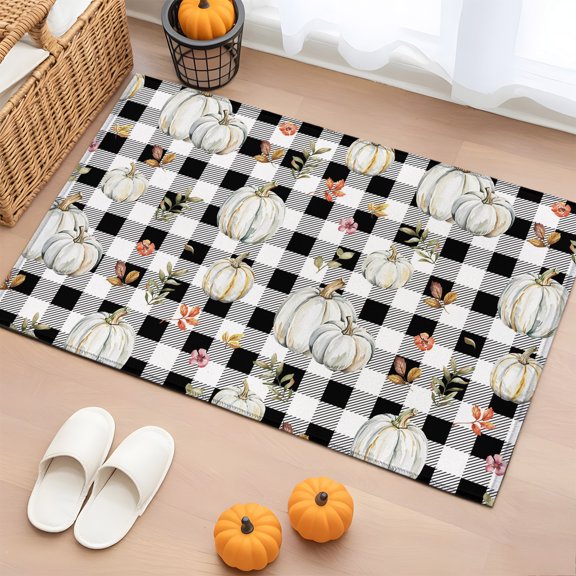 Rectangle Rug 2x3ft Area Rug, Pumpkin Leaf Black White Checker Area Rugs for Living Room Bedroom, Fall Thanksgiving Harvest Floor Mat Non-Slip Non-Shedding Carpet Indoor Accent Rugs