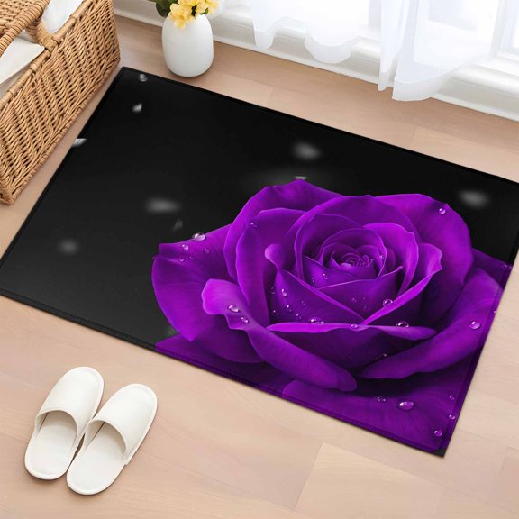 Rectangle Rug 2x3ft Area Rug, Purple Rose Flower on Black Area Rugs for Living Room Bedroom, Floral Close-up Water Droplets Floor Mat Non-Slip Non-Shedding Carpet Indoor Accent Rugs