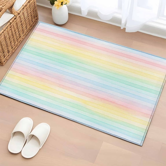 Rectangle Rug 2x3ft Area Rug, Rainbow Stripes Gradient Area Rugs for Living Room Bedroom, Pastoral Watercolor Line Floor Mat Non-Slip Non-Shedding Carpet Indoor Accent Rugs