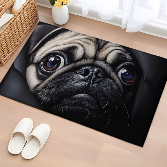 Rectangle Rug 2x3ft Area Rug, Realistic Pug Dog Pattern Area Rugs for Living Room Bedroom, Dark Background Floor Mat Non-Slip Non-Shedding Carpet Indoor Accent Rugs