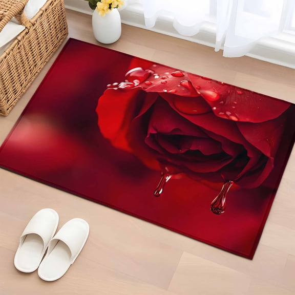 Rectangle Rug 2x3ft Area Rug, Red Rose Flower Water Droplets Area Rugs for Living Room Bedroom, Blossom Floral Close-up Art Floor Mat Non-Slip Non-Shedding Carpet Indoor Accent Rugs