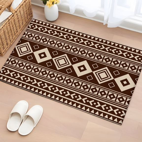 Rectangle Rug 2x3ft Area Rug, Retro Boho Geometric Stripes Area Rugs for Living Room Bedroom, Farmhouse Brown Diamond Floor Mat Non-Slip Non-Shedding Carpet Indoor Accent Rugs