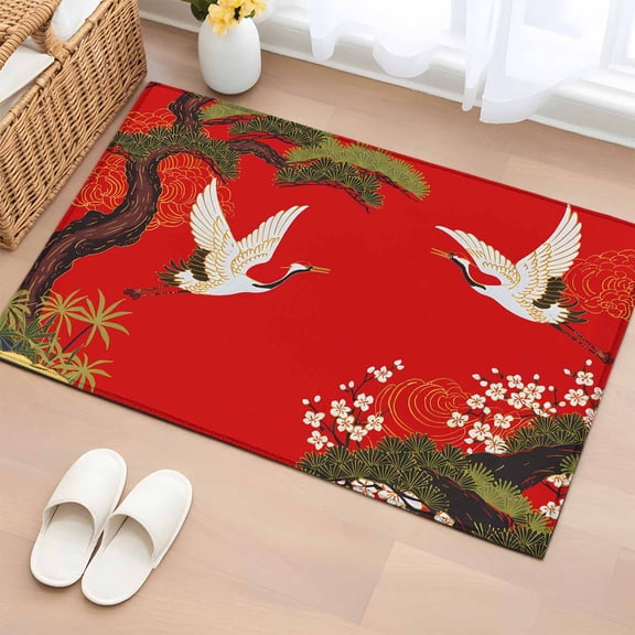 Rectangle Rug 2x3ft Area Rug, Retro Crane Pine Flower on Red Area Rugs for Living Room Bedroom, Asian Chinese Pastoral Scenic Floor Mat Non-Slip Non-Shedding Carpet Indoor Accent Rugs