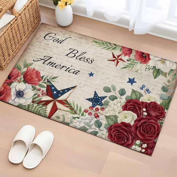 Rectangle Rug 2x3ft Area Rug, Retro Independence Day Floral Star Area Rugs for Living Room Bedroom, God Bless America Quote Floor Mat Non-Shedding Non-Slip Carpet Indoor Accent Rugs