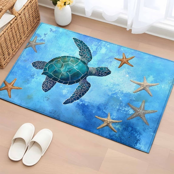 Rectangle Rug 2x3ft Area Rug, Retro Ocean Sea Turtle Starfish on Blue Area Rugs for Living Room Bedroom, Underwater World Floor Mat Non-Slip Non-Shedding Carpet Indoor Accent Rugs