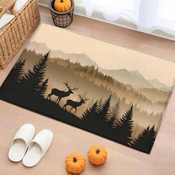 Rectangle Rug 2x3ft Area Rug, Retro Tree Antlers Forest Mountain Area Rugs for Living Room Bedroom, Sky Landscape Floor Mat Non-Slip Non-Shedding Carpet Indoor Accent Rugs