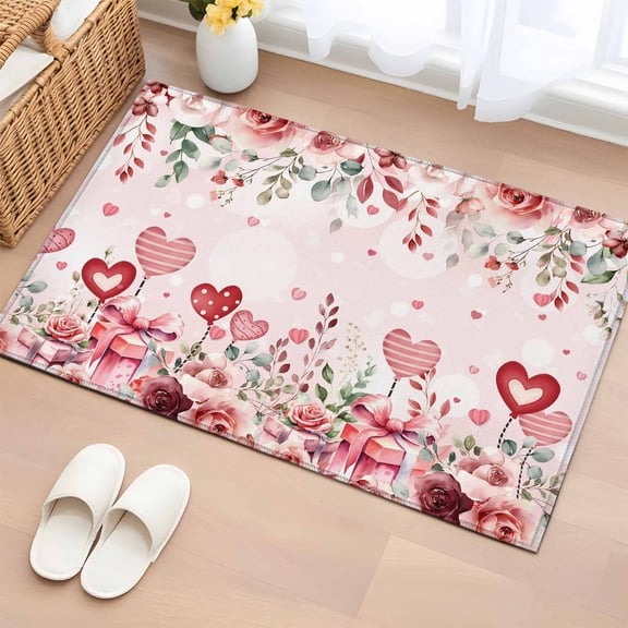 Rectangle Rug 2x3ft Area Rug,Romantic Valentine's Day Floral Area Rugs for Living Room Bedroom,Love Heart Rose Leaf Present Floor Mat Non-Slip Non-Shedding Carpet Indoor Accent Rugs