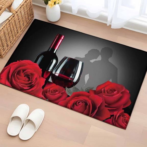 Rectangle Rug 2x3ft Area Rug,Rose Red Wine Valentine's Day Couples Area Rugs for Living Room Bedroom,Romance Floral Floor Mat Non-Slip Non-Shedding Carpet Indoor Accent Rugs