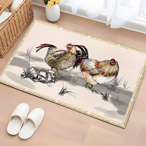 Rectangle Rug 2x3ft Area Rug, Rural Ink Art Farm Chicken Animals Area Rugs for Living Room Bedroom, Golden Flowers Texture Border Floor Mat Non-Slip Non-Shedding Carpet Indoor Accent Rugs